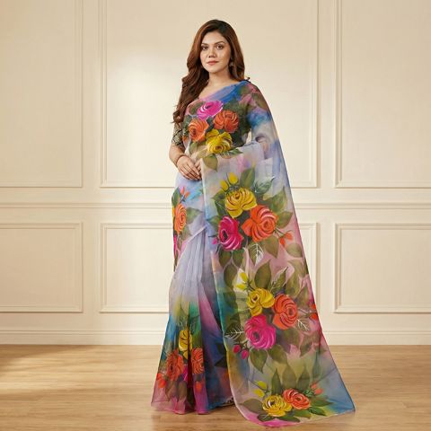 হলুদ ফুলেল হ্যান্ড প্রিন্ট হাফ সিল্ক শাড়ি